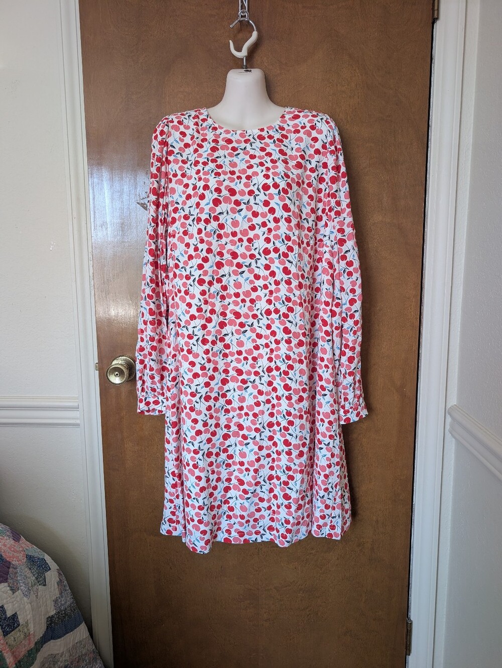Loft White Red Pink Cherry Print Long Sleeve Shift Dress